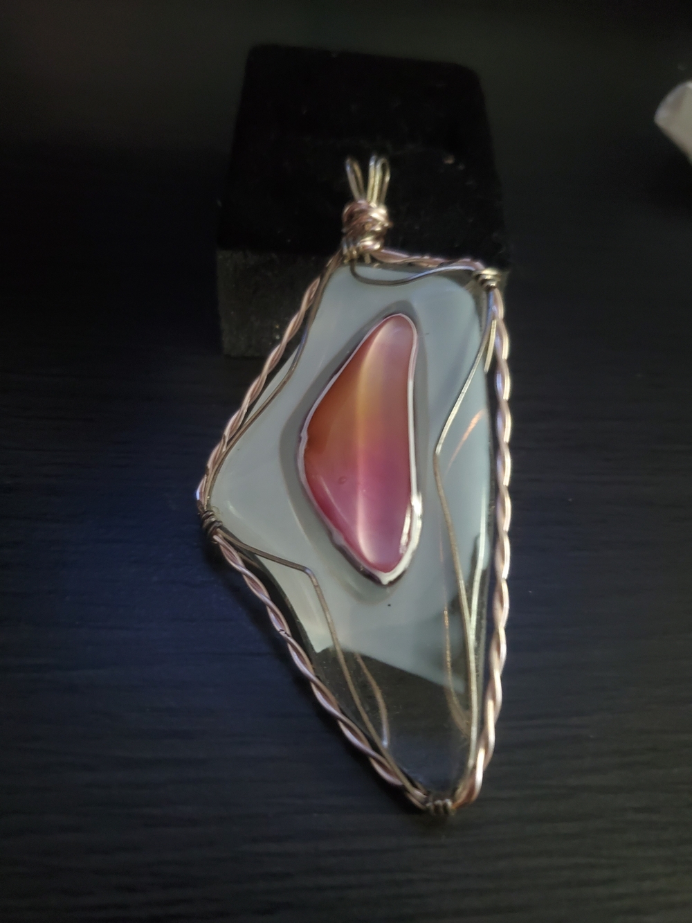 Handcrafted Wire-Wrapped Necklace Pendant in Pink and Clear